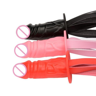 This is a close-up image of the silicone handle and PU leather strands of Sensual 2-in-1 Leather Flogger Sex Toy Whip, highlighting its premium materials.