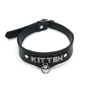 This is an image of Black Leather BDSM Kitten Collar with bedazzled 