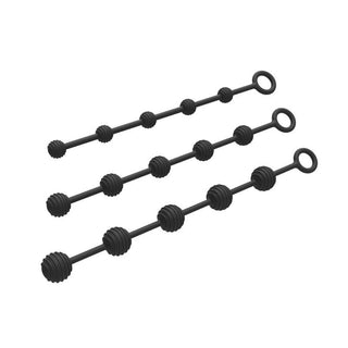 This is an image of Black Silicone Lesbian Anal Beads, offering an odyssey of sensation with three distinct sizes available for versatile pleasure experiences.