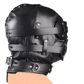 Image of Ultimate Slave Punishment Leather Hood, showing the eye holes with a diameter of 0.83 inches and the mouth hole measuring 1.57 inches for added sensory experience.