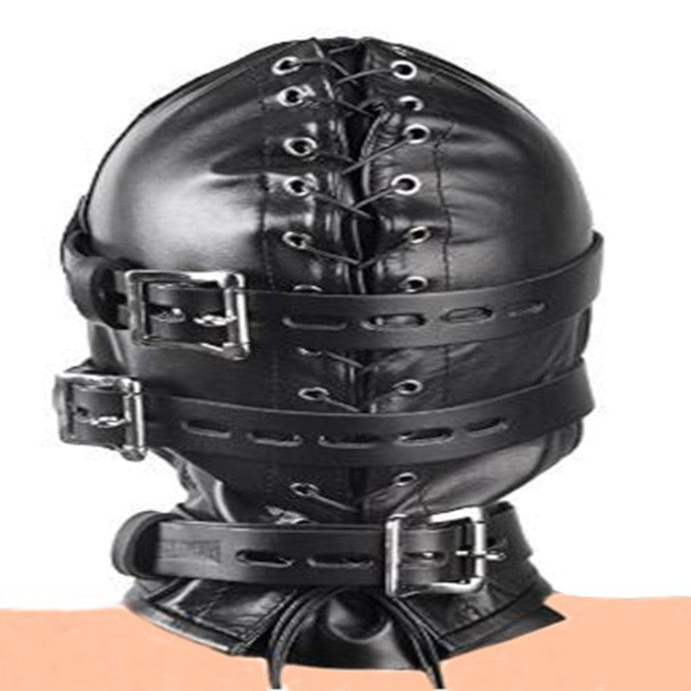 Ultimate Slave Punishment Leather Hood image, displaying the dimensions of the hood with a length of 11.81 inches and a head circumference of 22.05 to 31.5 inches.
