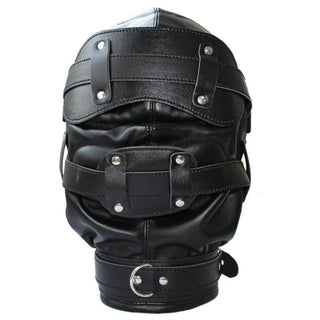 Take a look at an image of Ultimate Slave Punishment Leather Hood, showcasing the sleek black PU Leather material and adjustable straps for a secure fit.
