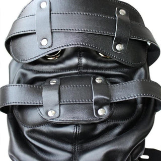 View of Ultimate Slave Punishment Leather Hood, featuring the collar with a D-ring for versatile play scenarios and exciting adventures.