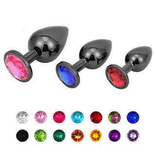 Pictured here is an image of Bright Black Jeweled Metal Anal Plug 3pcs Cute Set featuring small, medium, and large sizes.