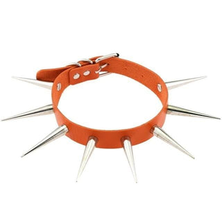 This is an image of Gothic PU Leather Gay Collar Spiked in orange color with sleek spikes