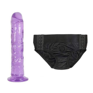 Feast your eyes on an image of No Frills Adjustable 7-Inch Pegging Strap On in clear color with TPE dildo for lifelike feel.