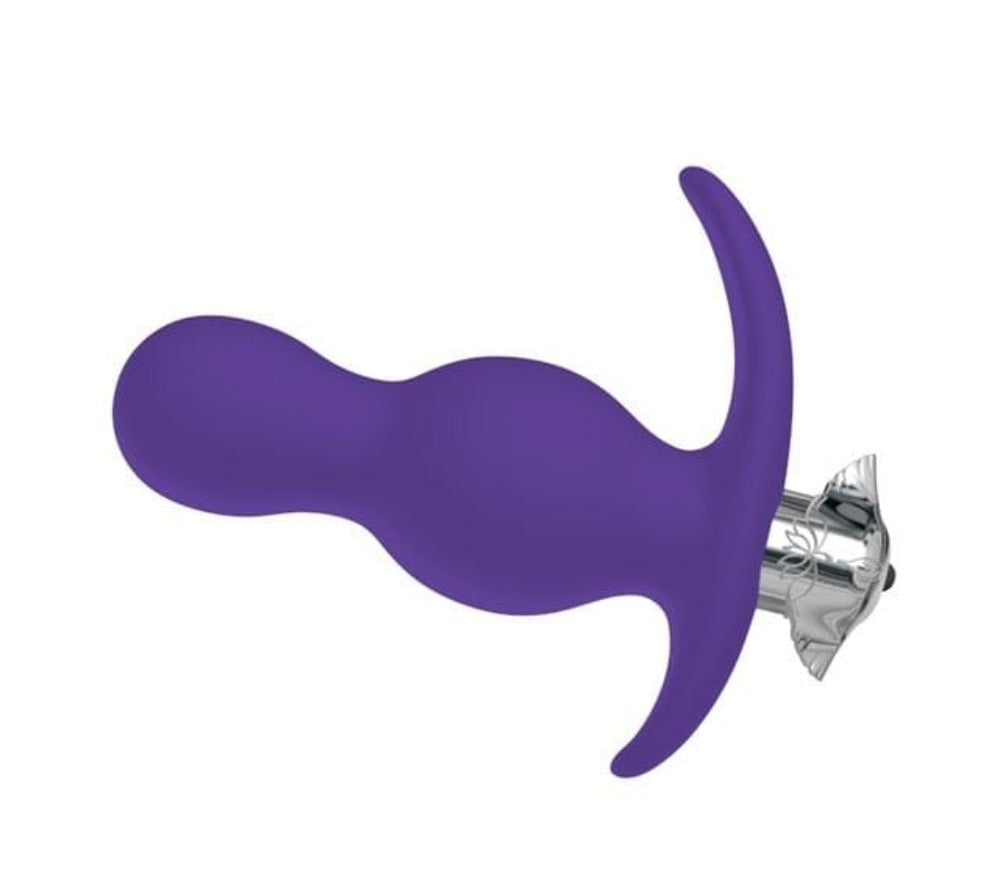 Featuring an image of 7-Speed Small Butt Massager in purple silicone material with dual-beaded design for heightened pleasure.