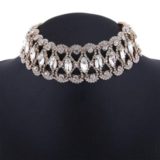You are looking at an image of Discreet Neck Bling Collar Jewelry Day Collar in gold rhinestones and zinc alloy materials.