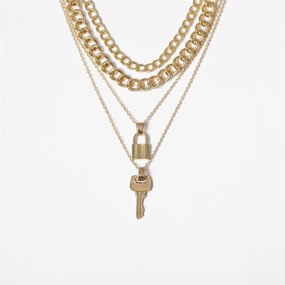 Multi Layer Lock and Key Necklace Set
