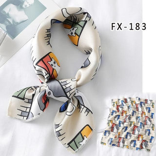 Featuring an image of a 19.69-inch long and wide printed satin scarf for various uses.