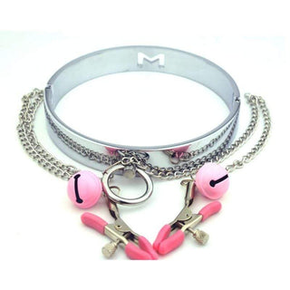 Featuring an image of Nipple Punishment Metallic Infinity Collar with adjustable clamps for a mix of pleasure and pain.