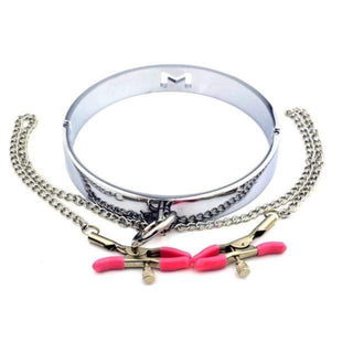 You are looking at an image of Nipple Punishment Metallic Infinity Collar in pink color with O-ring and metal chains.