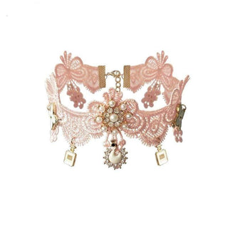 Vintage Cosplay Party Lace Collar in pink lace with floral metallic decorations.