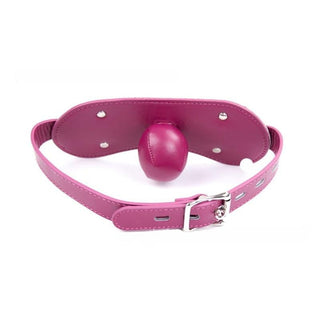 Featuring an image of Rose Red Leather Gag, a luxurious synthetic leather strap in rose red color with a ball gag for sensory control.