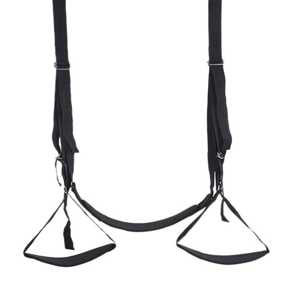 What you see is an image of Secure Door-Mounted Sling Sex Swing showcasing plush and nylon stirrups, adjustable metal fasteners, and padded rope bases for comfort and excitement.