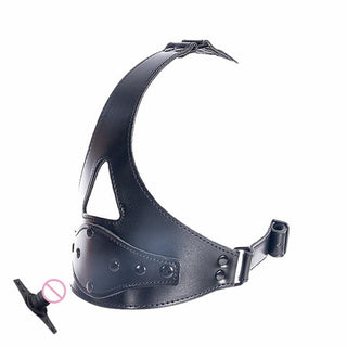 Take a look at an image of Black Leather Gag Bondage with adjustable synthetic leather harness and detachable dildo gag.
