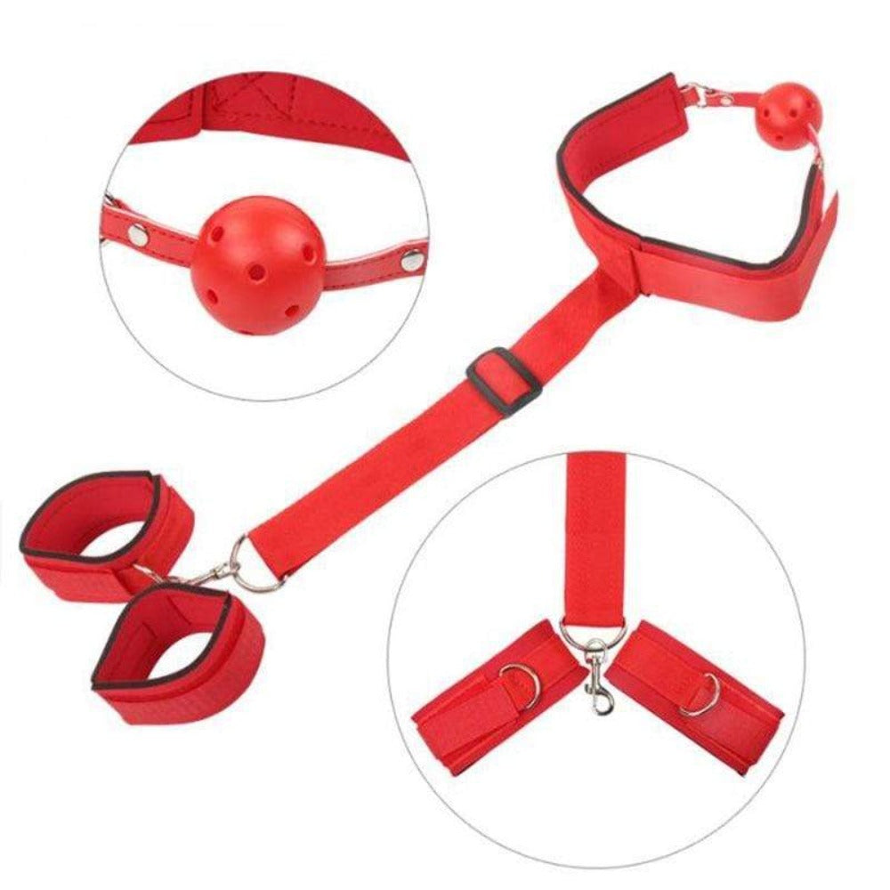 Check out an image of Submission Restraint Slave Oral Bondage Kit in classic red color, adjustable for comfort and durability.