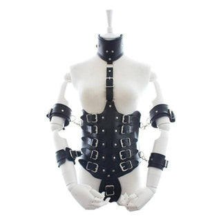 Displaying an image of Slave Perfect BDSM Arm Leather Body Harness in red and black color, made of PU Leather and metal.