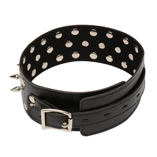 An enticing image of Spiked Rivets Leather Collar in black color for a daring and memorable intimate exploration.