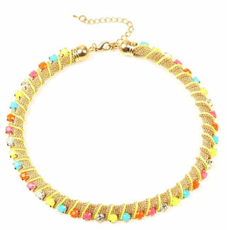 Colorful jewel-encrusted collar with vibrant synthetic gemstones on a gold-plated zinc alloy chain.