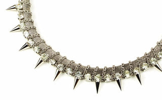 A detailed image of Shiny Shimmering Spiked Collar specifications including length, spikes dimension, color, and material.
