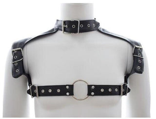 Feast your eyes on an image of Adjustable Clubwear Harness Collar in sleek black PU leather design with adjustable straps for a perfect fit.