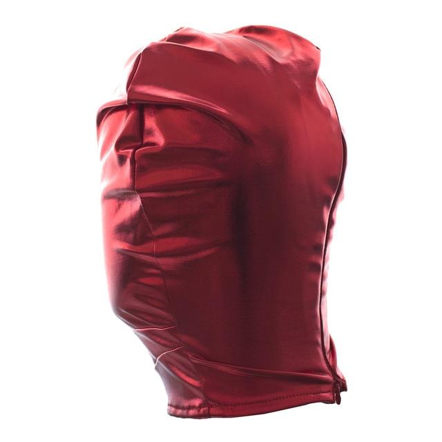 Check out an image of Glossy Full Face Slave Hood showcasing glossy finish exterior, snug fit design, and comfortable interior for immersive experiences.