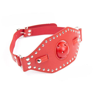 Featuring an image of Studded Leather Gag Ball in yellow color with studded plastic gag for breathability.