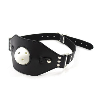 Pictured here is an image of Studded Leather Gag Ball strap made from high-quality PU Leather for comfort.