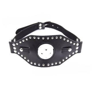 Check out an image of Studded Leather Gag Ball in white color with broad coverage design for noise reduction.