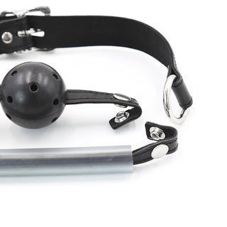 Displaying an image of the Double Buckle Design Ball Gag with dimensions and specifications including color, materials, and length.