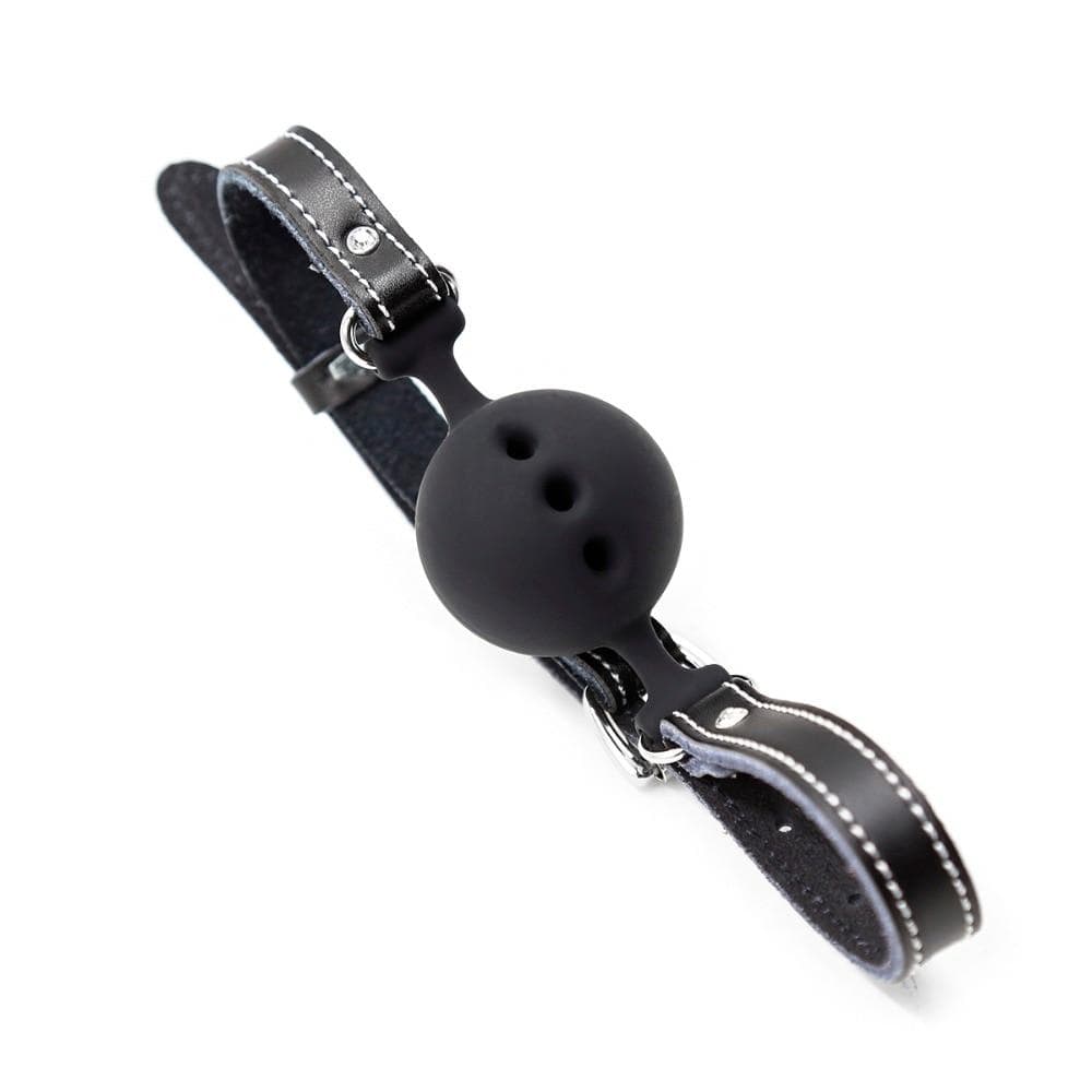 Breathable Black Large Ball Gag in black color with adjustable strap and large silicone ball for heightened pleasure.