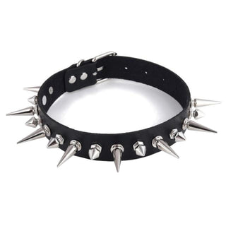 You are looking at an image of Spiked Vegan Leather Collar & Choker in red color featuring alternating sizes of spikes for a thrilling play experience.