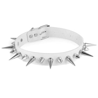 Displaying an image of Spiked Vegan Leather Collar & Choker showcasing exquisite craftsmanship with attention to detail in spike lengths and adjustable strap.