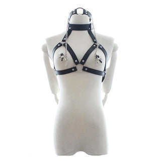 Here is an image of Slut Perfect Leather Body Harness for Breast Restraints featuring adjustable leashes, metal buttons, choker, and clamps for sensual play.