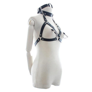 This is an image of Slut Perfect Leather Body Harness for Breast Restraints showcasing PU leather material, metal components, and adjustable features for comfort and durability.