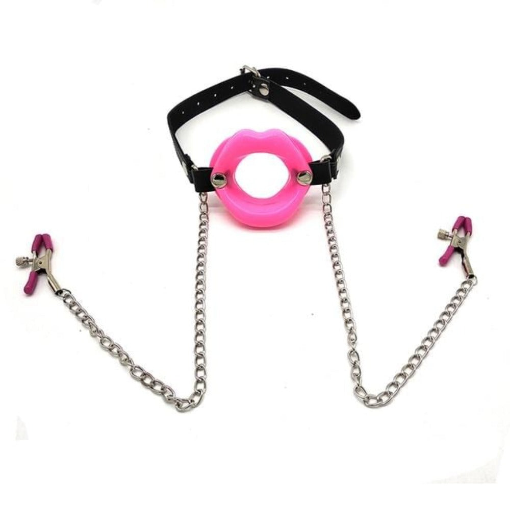 This image shows the color options of Slave Punishment Gag With Nipple Clamps, featuring red, pink, black, and rose variations.