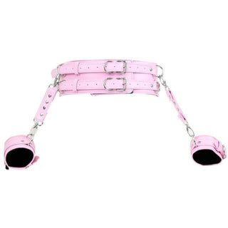 In the photograph, you can see an image of Hands by Your Side Leather Bondage Belt in Pink color, a versatile belt for dual personalities.