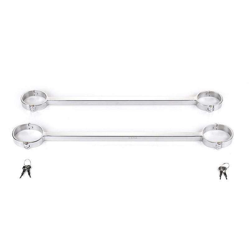 Check out an image of Stainless Leg Spreader Bar showcasing sturdy metal cuffs for enhanced positioning and pleasure.