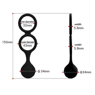 Observe an image of Silicone Ball and Cock Stretching Weight Trainer with dimensions of 5.91 inches in length and 0.23 inch in width, ensuring a comfortable fit for adventurous play.