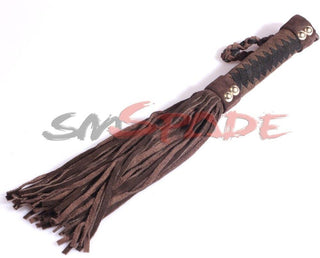 This is an image of Torture Play Whip Suede Kink Toy, featuring a 14.96-inch faux suede flogger with a comfortable grip handle.