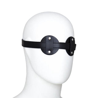 Adjustable Leather Sex Blindfold in red color, PU leather material, and dimensions of 15.94 to 26.38 inches.