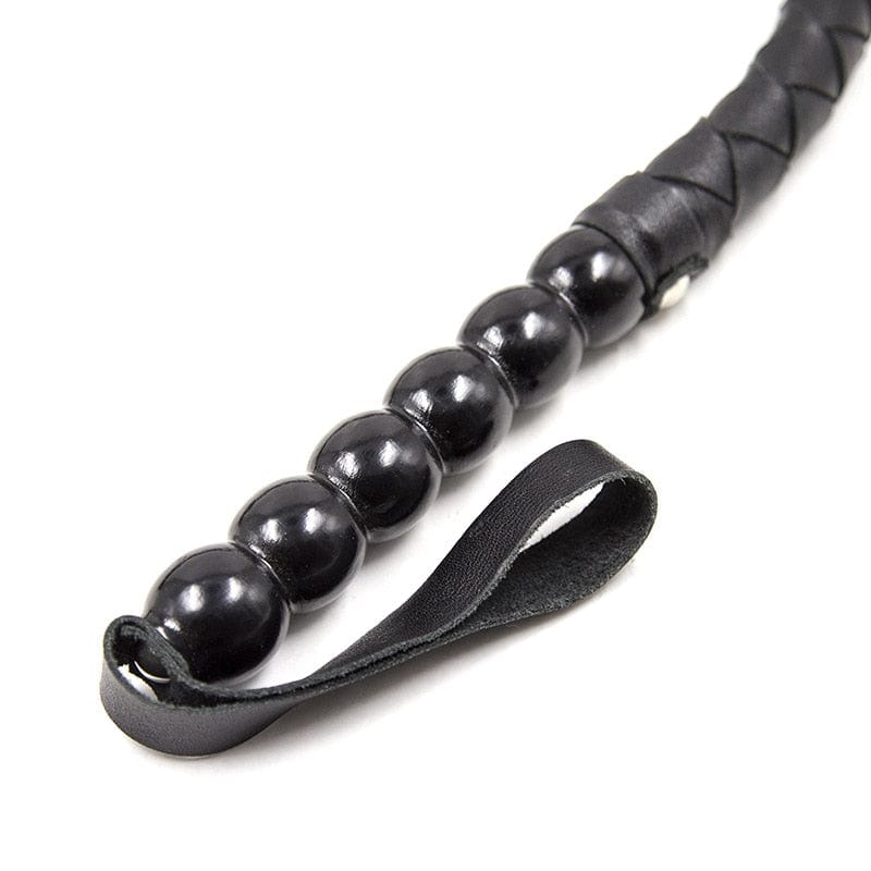 What you see is an image of Erotic Flagellation Kink Whip, featuring a beady handle for precision control and an additional wrist strap for added security during play.