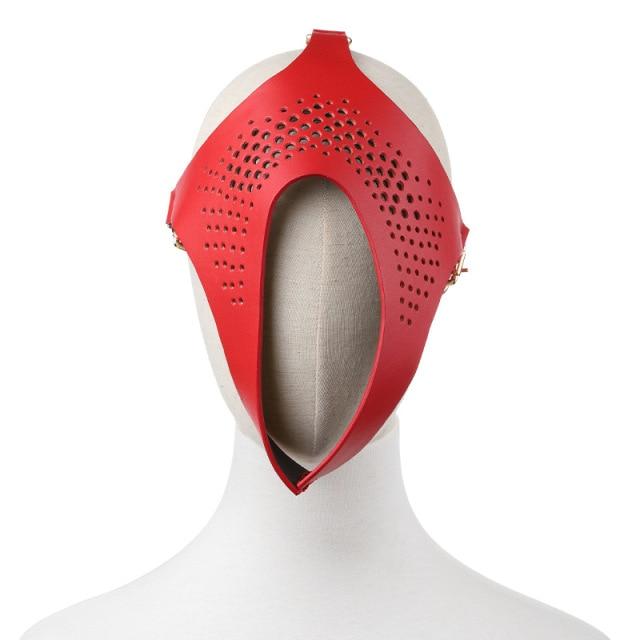 A detailed image of the fetish mask for BDSM play, featuring adjustable straps and strategic air holes for extended wear.