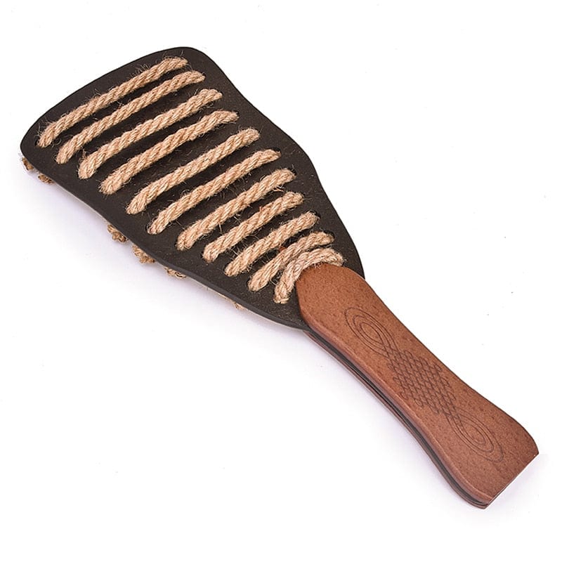 Vintage Style Bondage Wood Paddle Handle: An image of a vintage-style paddle made of cowhide leather and wood, with intricate ramie rope details.