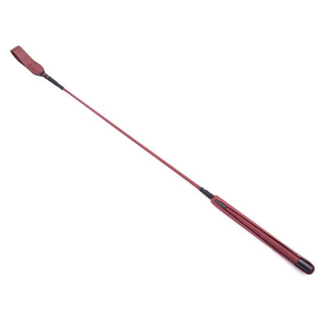 Displaying an image of Elegant Riding Crop Spanking Toy Cane in maroon PU leather, 25.98 inches long with a 6.88-inch handle for precise control.
