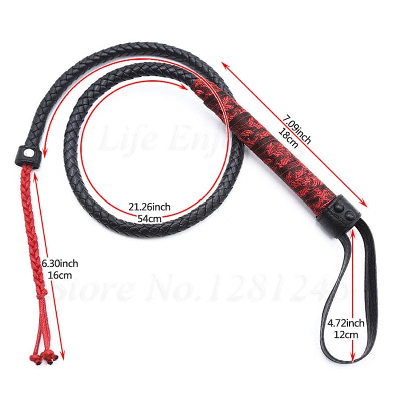 Black Total Obedience BDSM Leather Whip with red details, designed for a symphony of pleasure and control.