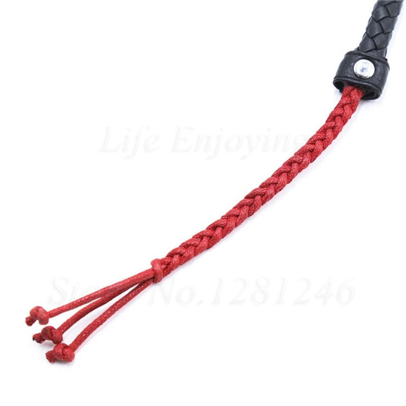 Total Obedience BDSM Leather Whip showcasing its elegance with a long handle and unique red leather strip tips.