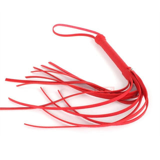 Image of the leather flogger in pink, black, blue, and red colors, perfect for exploring pleasure and pain.