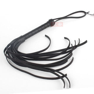 This is an image of the synthetic leather flogger with a comfortable grip and wrist string for secure handling.